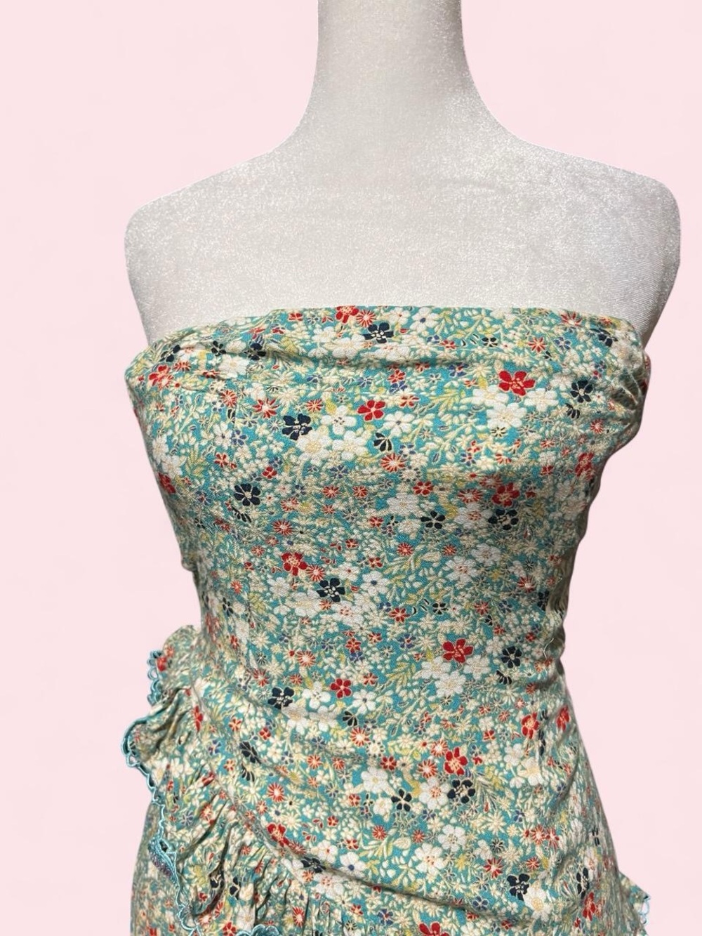 Small Strapless Floral Ruffle Mini Dress - Turquoise - Picture 2 of 8